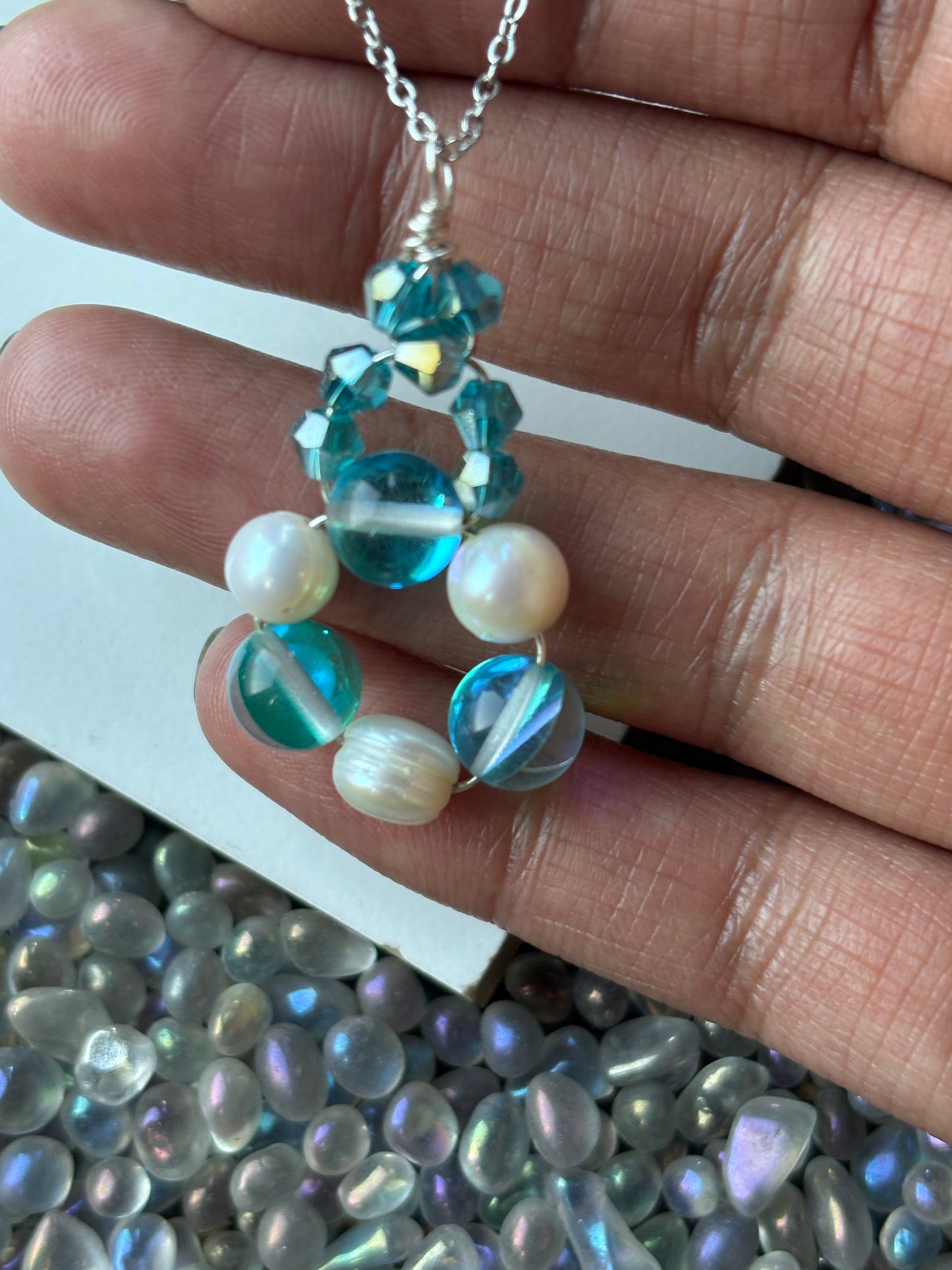 Aqua Aura Quartz & Pearl Gemstone Crystal Pendant Necklace