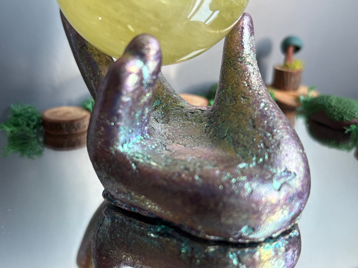 Purple Blue Bismuth Crystal Hand Sphere Holder - Metal Art Sculpture