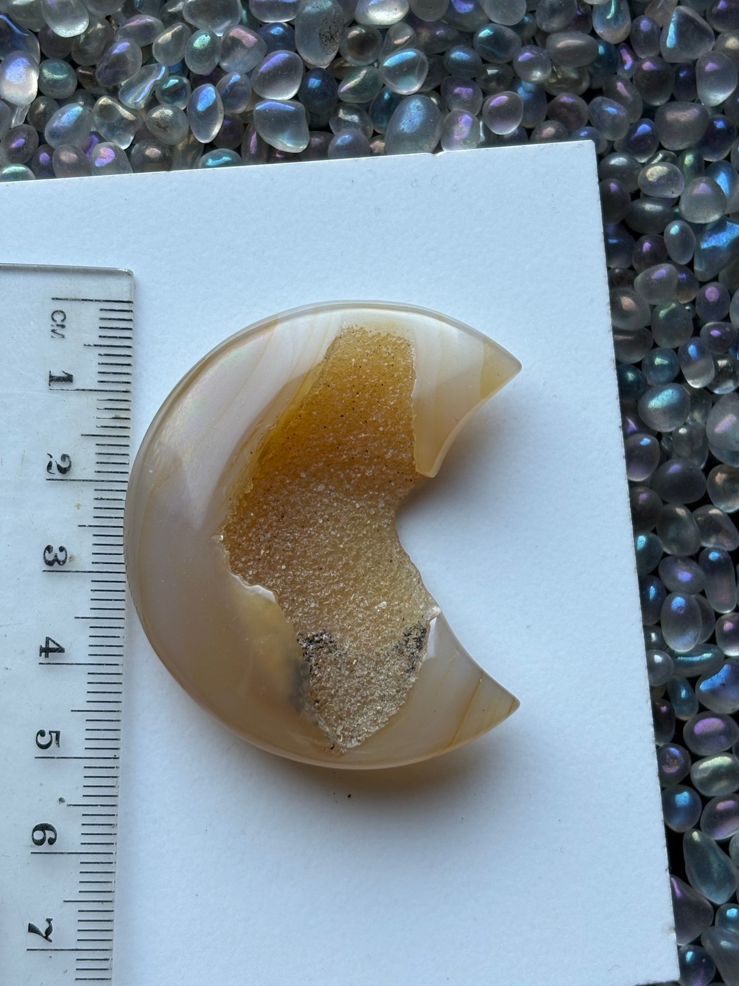Cream Yellow Druzy Agate Gemstone Crystal Crescent Moon Carving