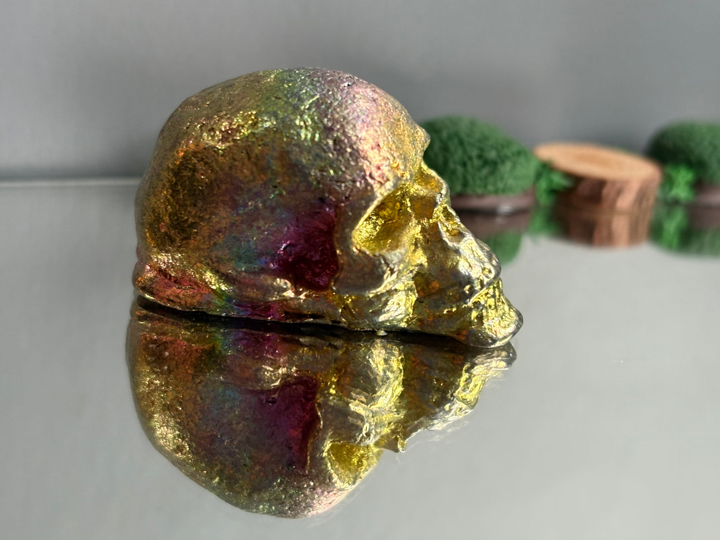 Rainbow Bismuth Crystal Skull Metal Sculpture Small