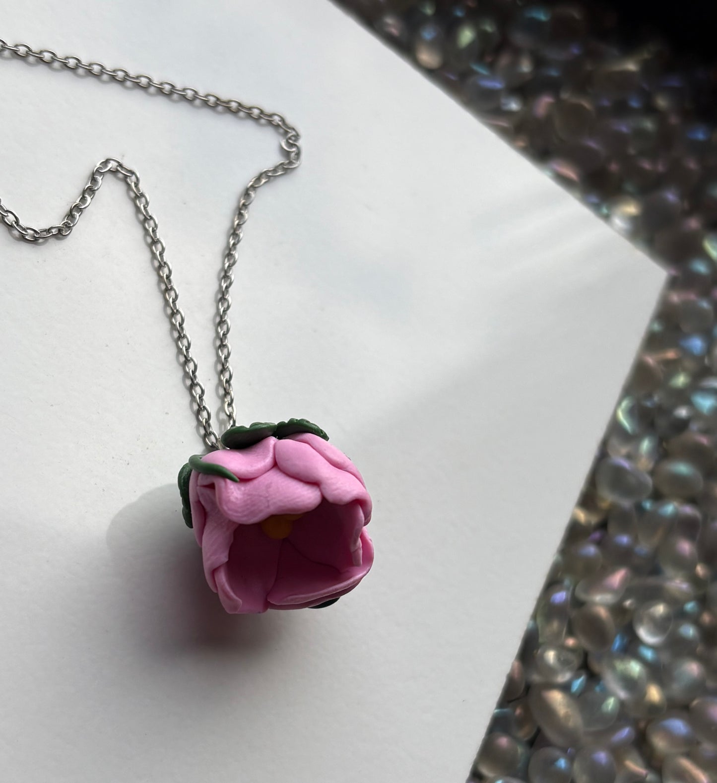 Pink Peony Flower Clay Silver Necklace