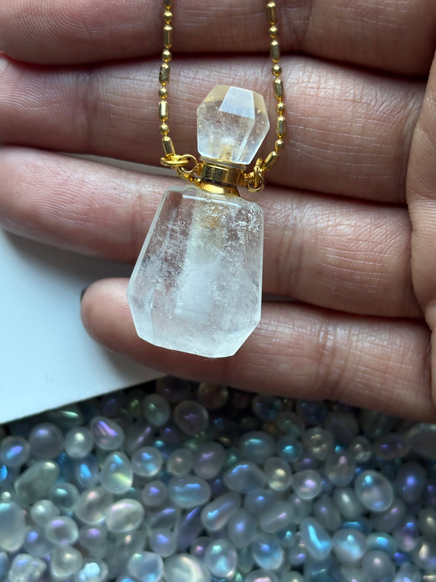 Clear Quartz Crystal Gemstone Aromatherapy Perfume Bottle Pendant Necklace