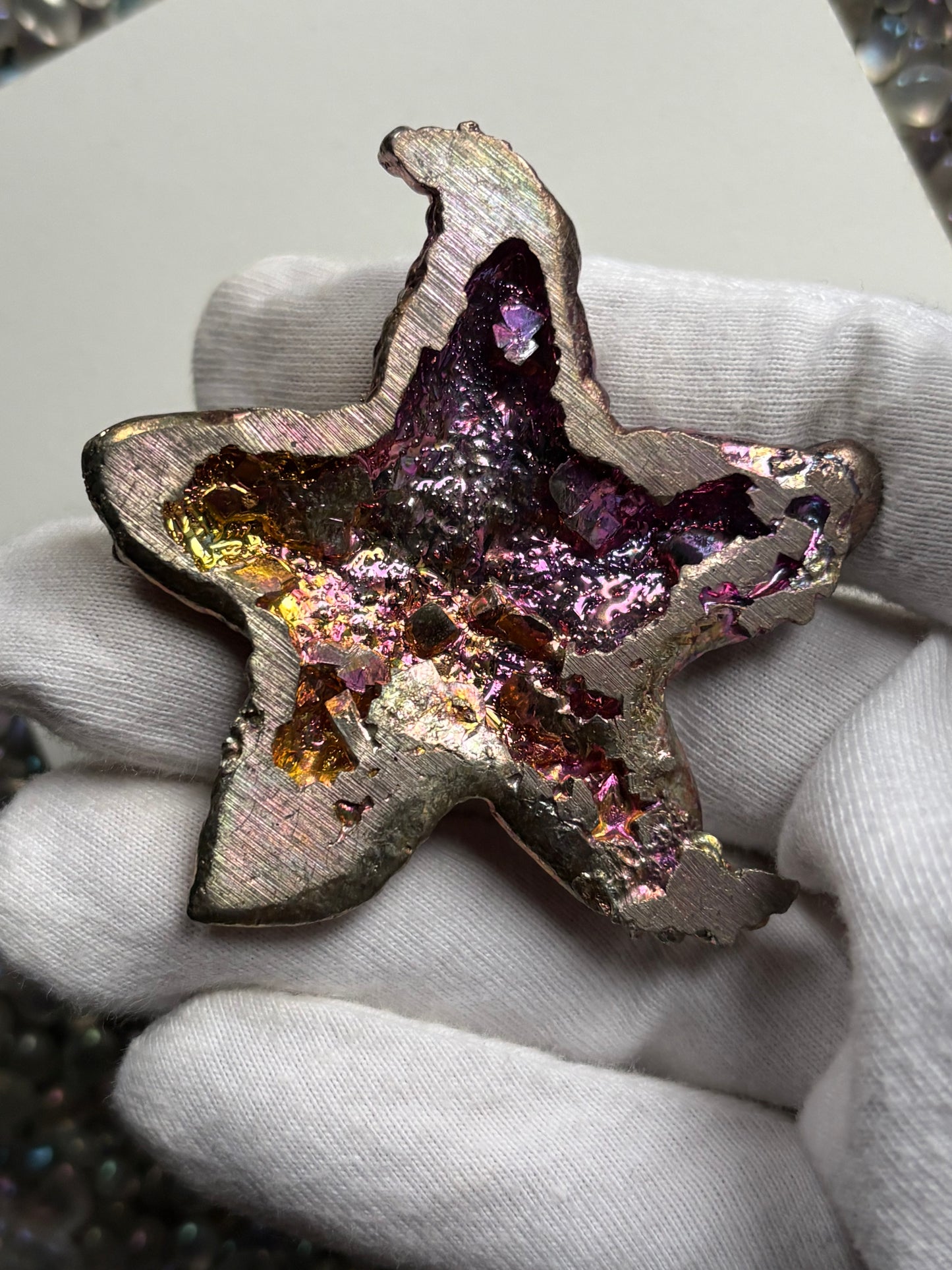Peach Pink Bismuth Crystal Large Starfish Metal Art Sculpture
