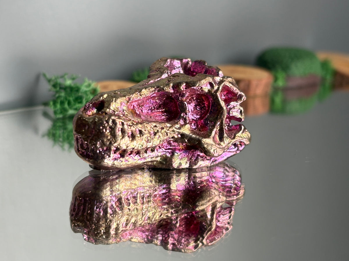 Pink Bismuth Crystal Small Trex Skull Metal Art Sculpture