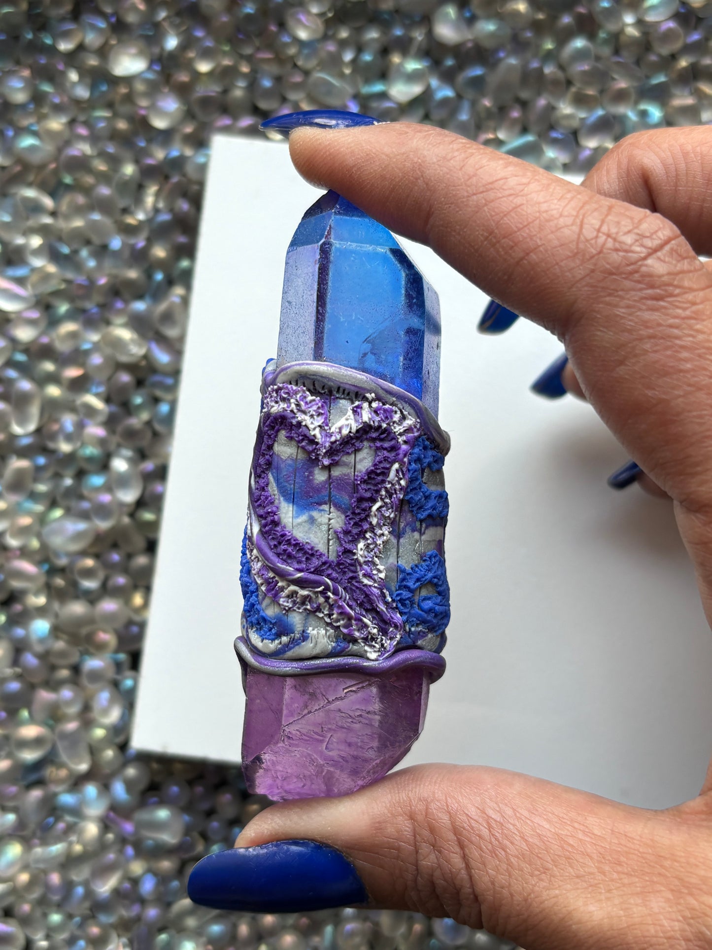 Purple & Blue Aura Quartz Crystal Gemstone Heart Swirl Clay Wand