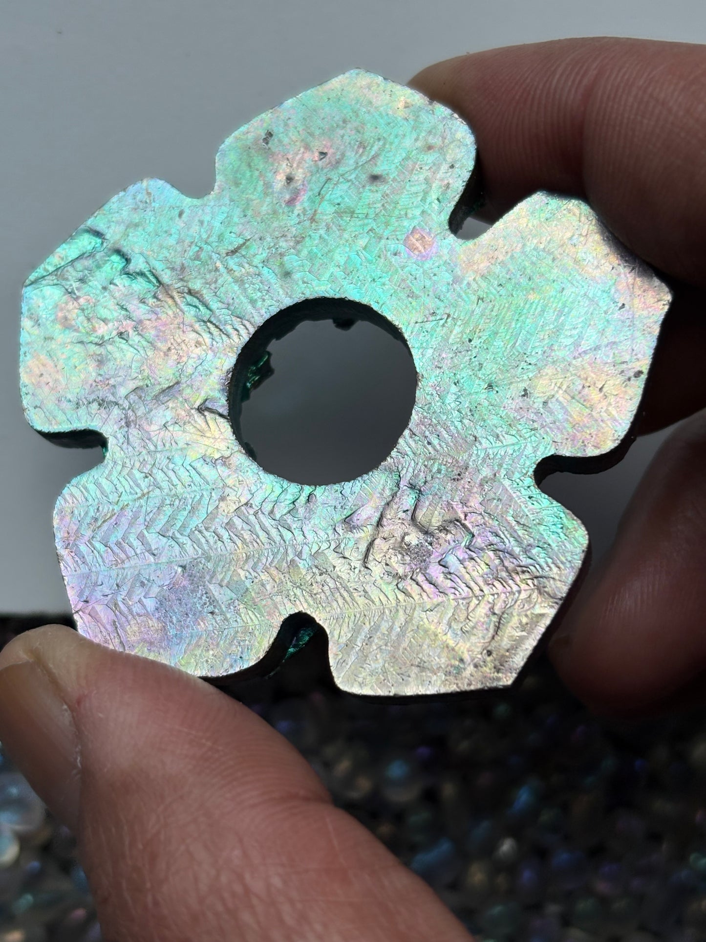 Teal Blue Bismuth Crystal Hippie Flower Slice Cut Out Sphere Holder