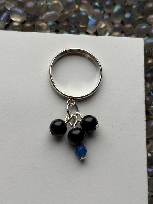 Black Tourmaline & Blue Quartz Crystal Carving Charm Silver Ring