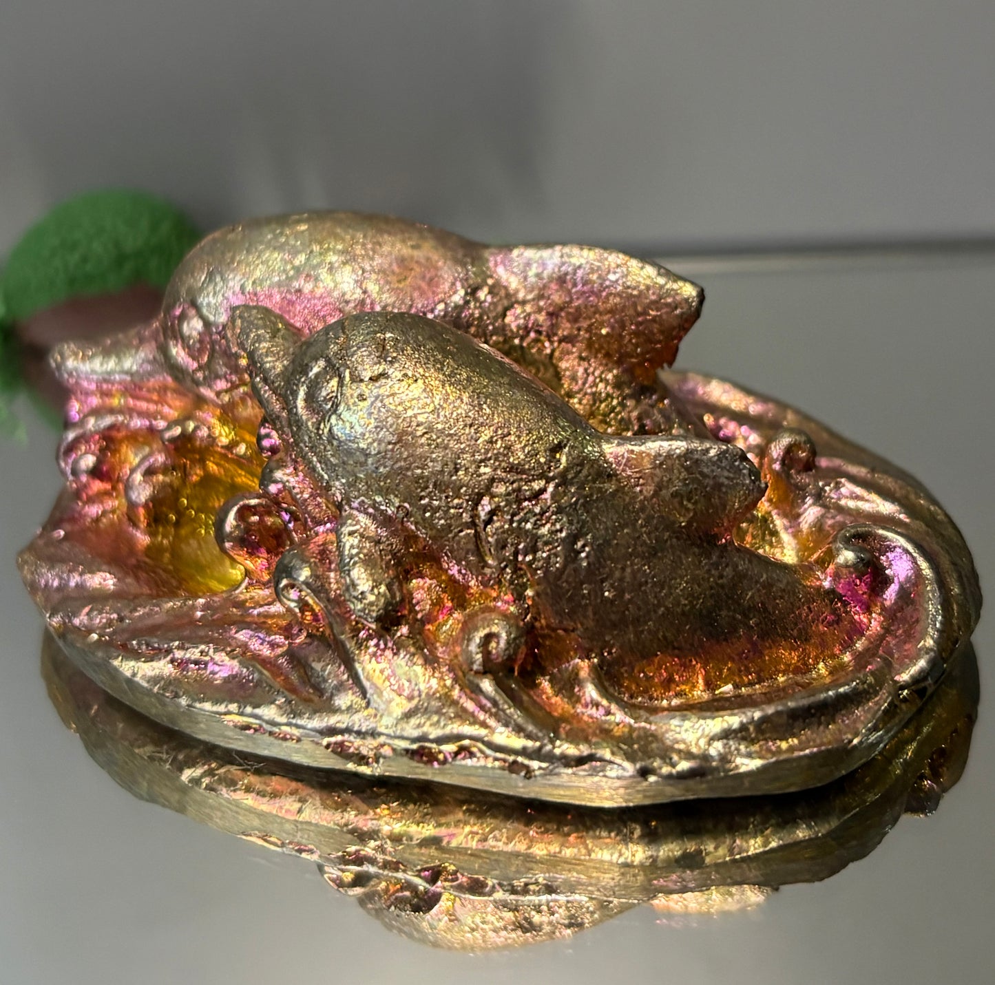Gold Pink Bismuth Crystal Dolphin Pair Metal Art Sculpture