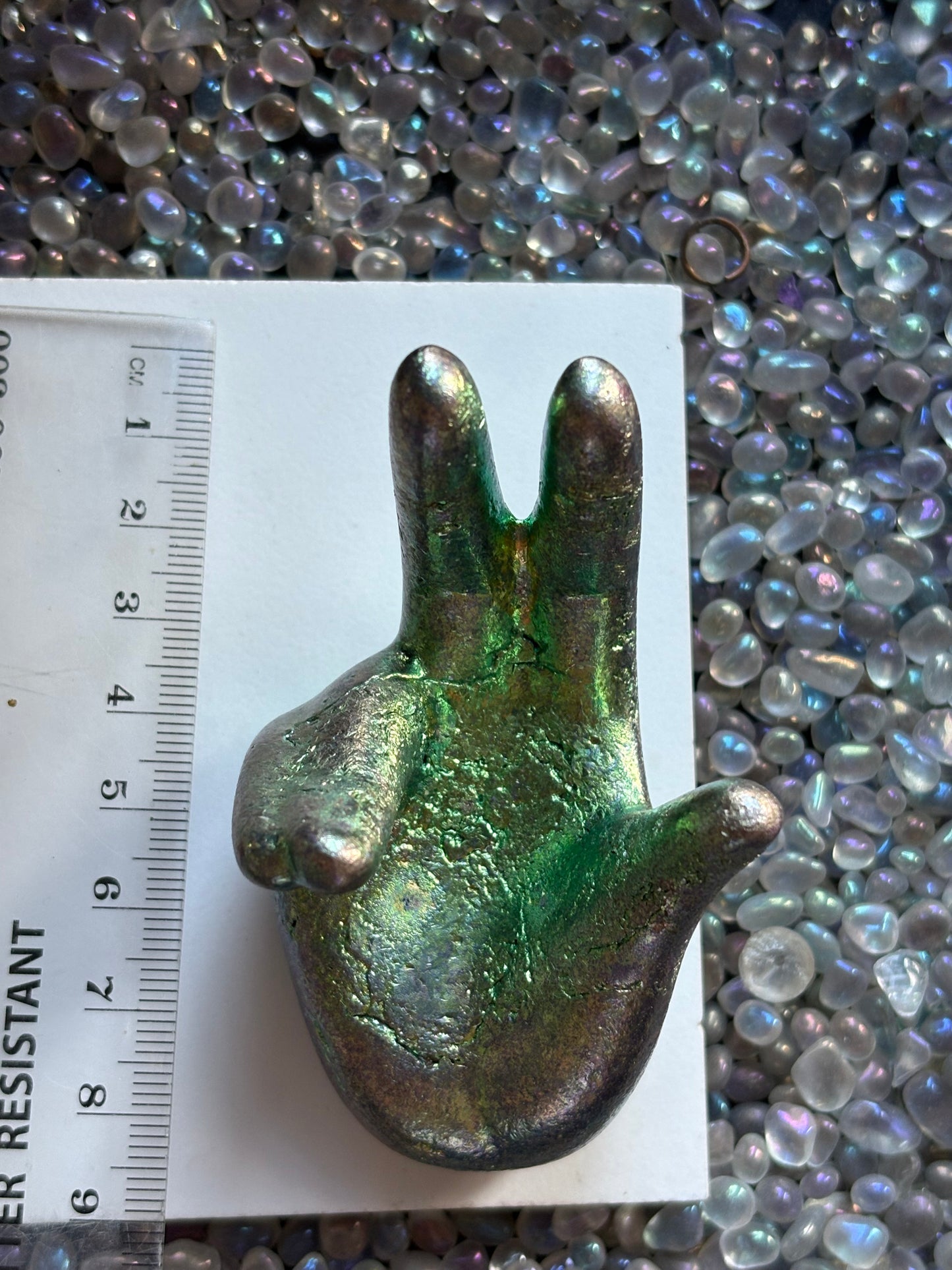 Teal Bismuth Crystal Hand Sphere Holder - Metal Art Sculpture