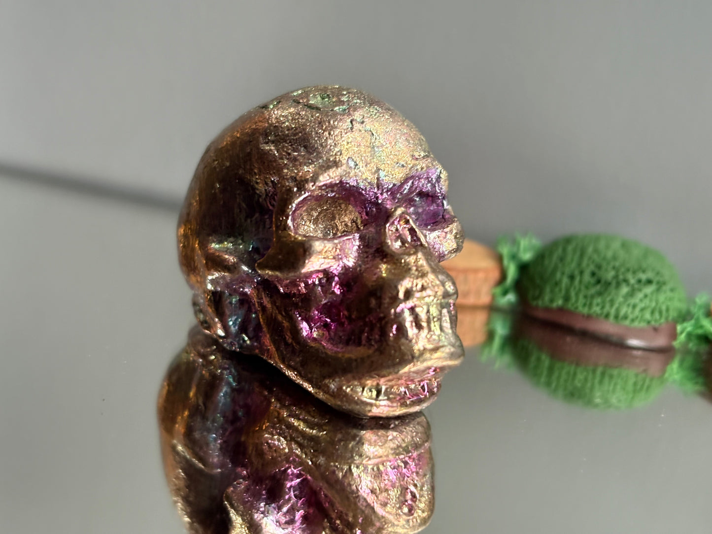 Blue Pink Bismuth Crystal Small Skull Metal Sculpture