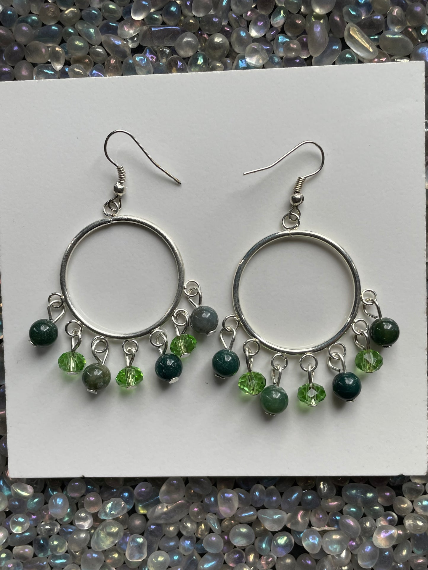 Indian Agate Gemstone & Green Crystal Beaded Hoop Chandelier Earrings