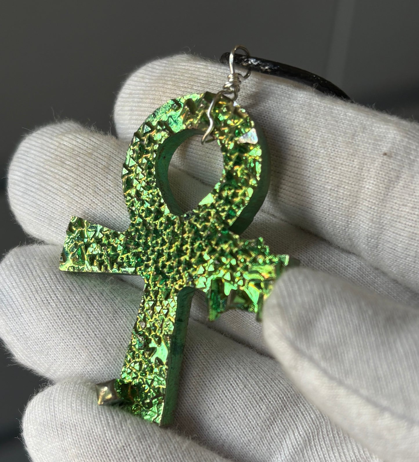Green Bismuth Crystal Metal Art Necklace - Ankh