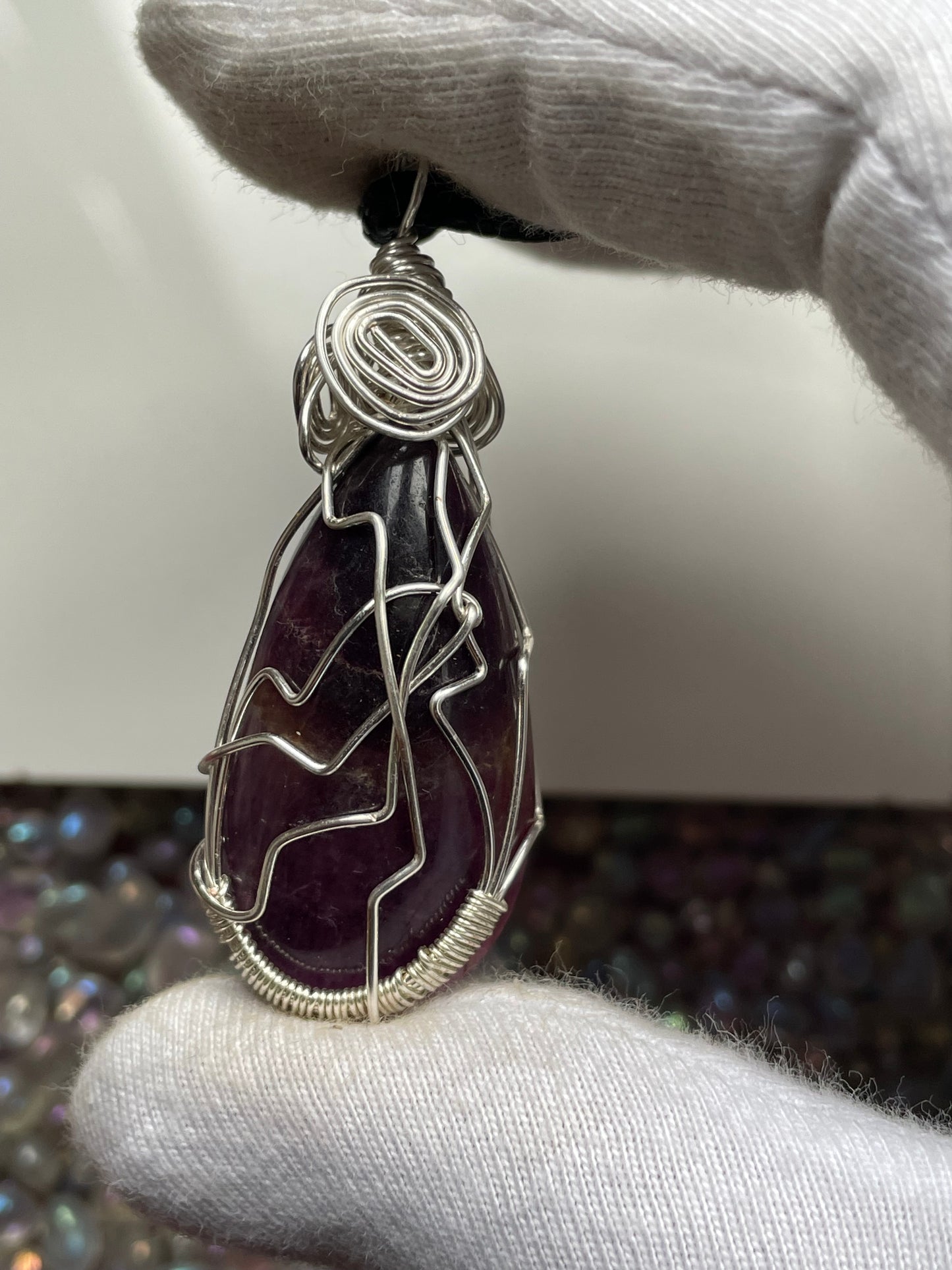 Purple Fluorite Crystal Gemstone Wire Wrap Silver Necklace