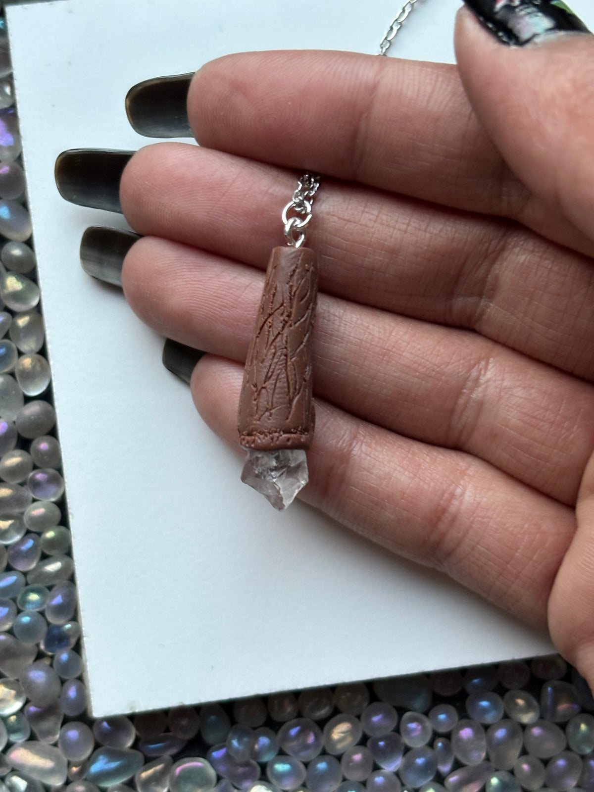 Scottish Quartz Crystal Gemstone Clay Wooden Wand Necklace (3)