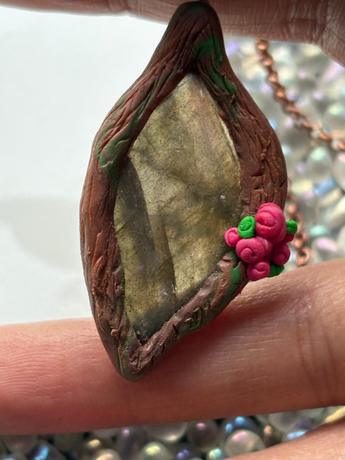 Purple Labradorite Crystal Gemstone Enchanted Rose Forest Clay Pendant Necklace