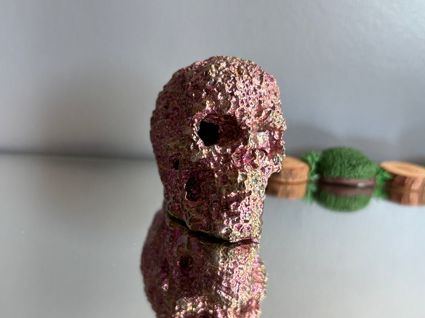 Pink Bismuth Crystal Coral Skull Large Metal Art Sculpture