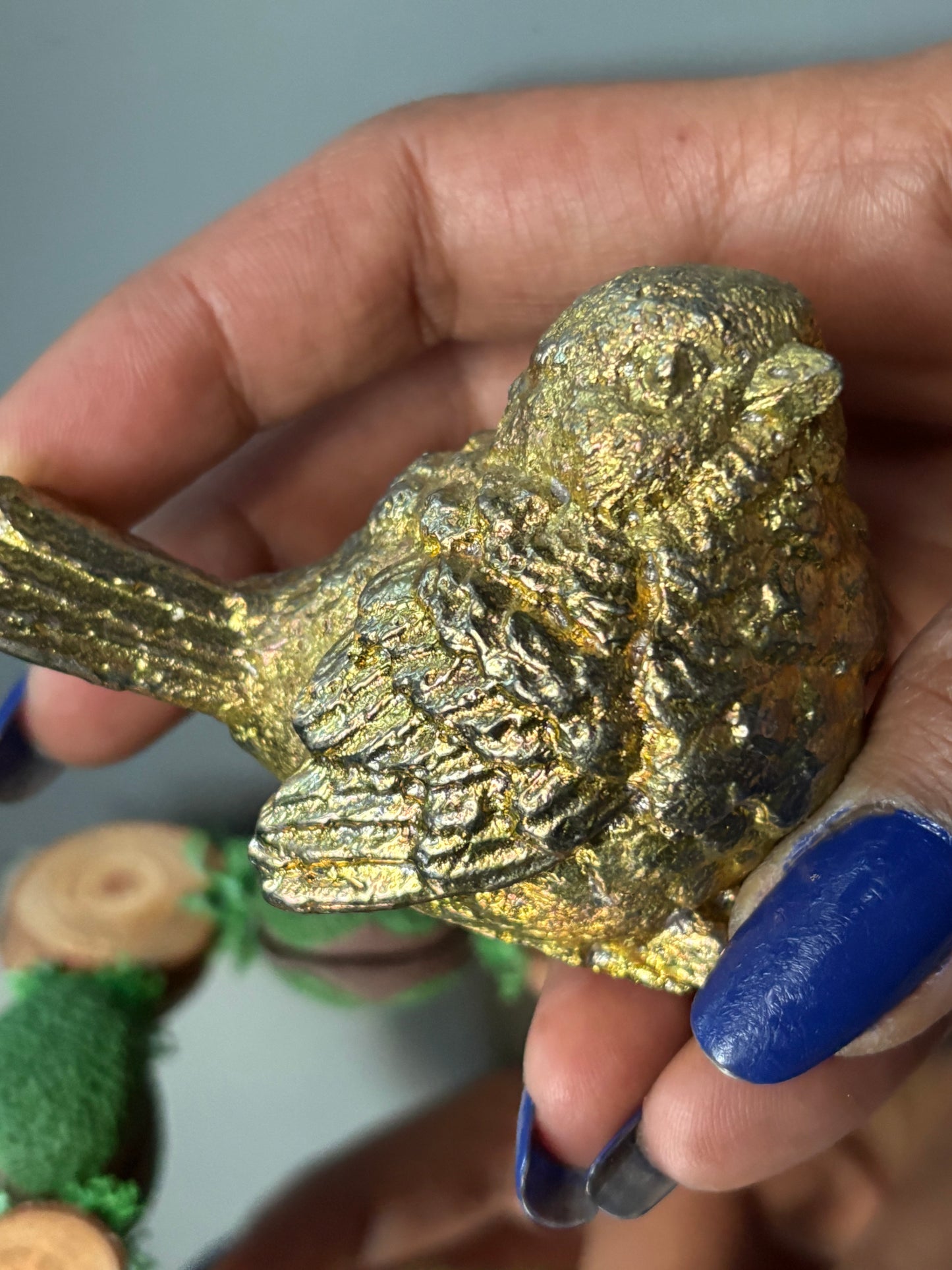 Gold Bismuth Crystal Wren Song Bird Metal Art Sculpture