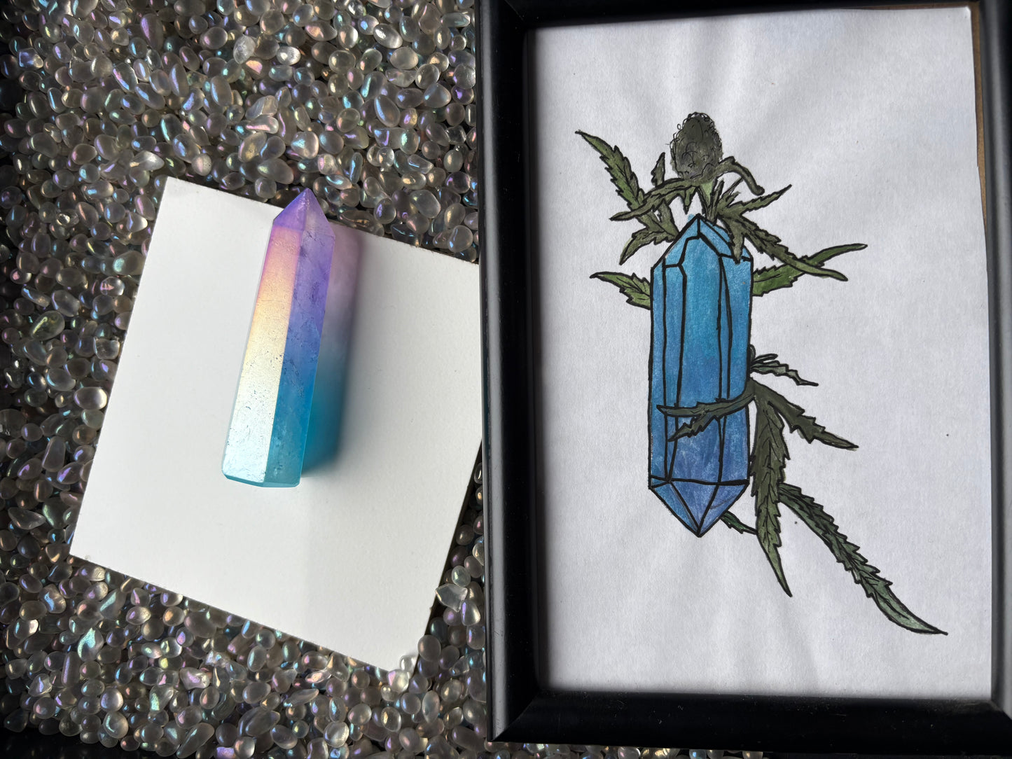 Aura Quartz Gemstone Crystal Tower & Watercolour Painting Framed Gift Set