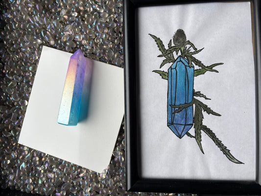Aura Quartz Gemstone Crystal Tower & Watercolour Painting Framed Gift Set