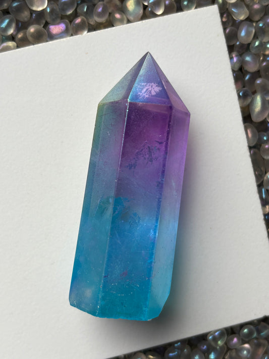 Purple & Aqua Blue Hybrid Aura Quartz Crystal Gemstone Tower Point (1)