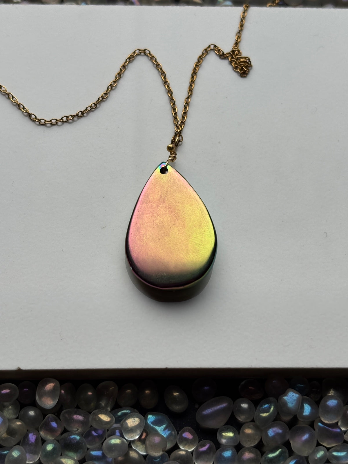 Peacock Green Aura Druzy Quartz Crystal Gemstone Gold Necklace