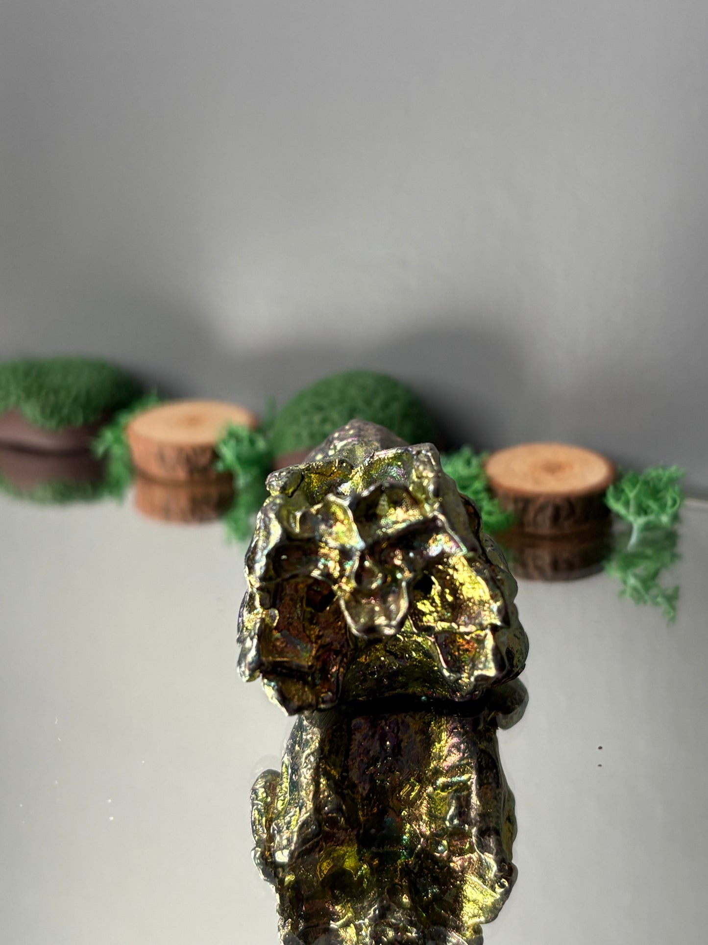 Teal Green Bismuth Crystal Small Trex Skull Metal Art Sculpture