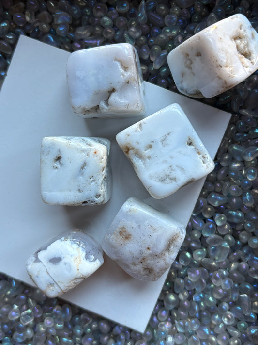 White Chalcedony Tumbled Cube Gemstone Crystal - Large