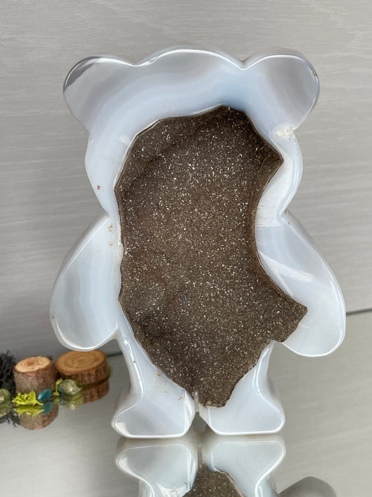 Grey Druzy Agate Crystal Gemstone Teddy Bear Carving Large