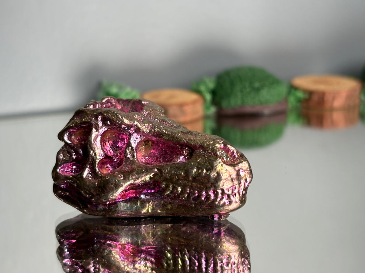 Pink Bismuth Crystal Small Trex Skull Metal Art Sculpture
