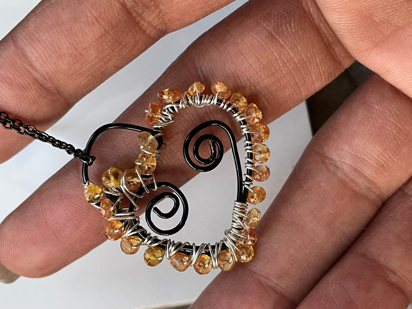 Songea Orange Sapphire Crystal Gemstone Wire Heart Necklace