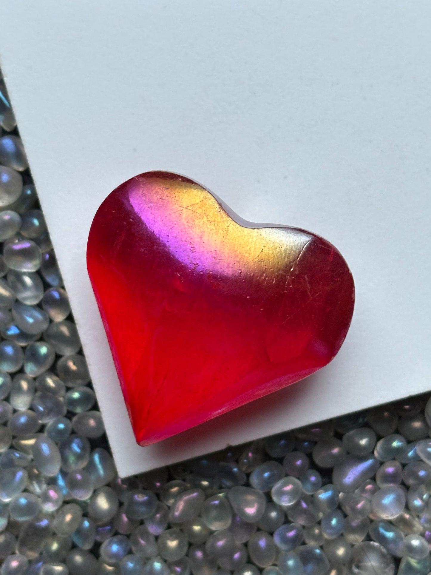 Red Aura Coated Selenite Satin Spar Crystal Gemstone Heart Carving