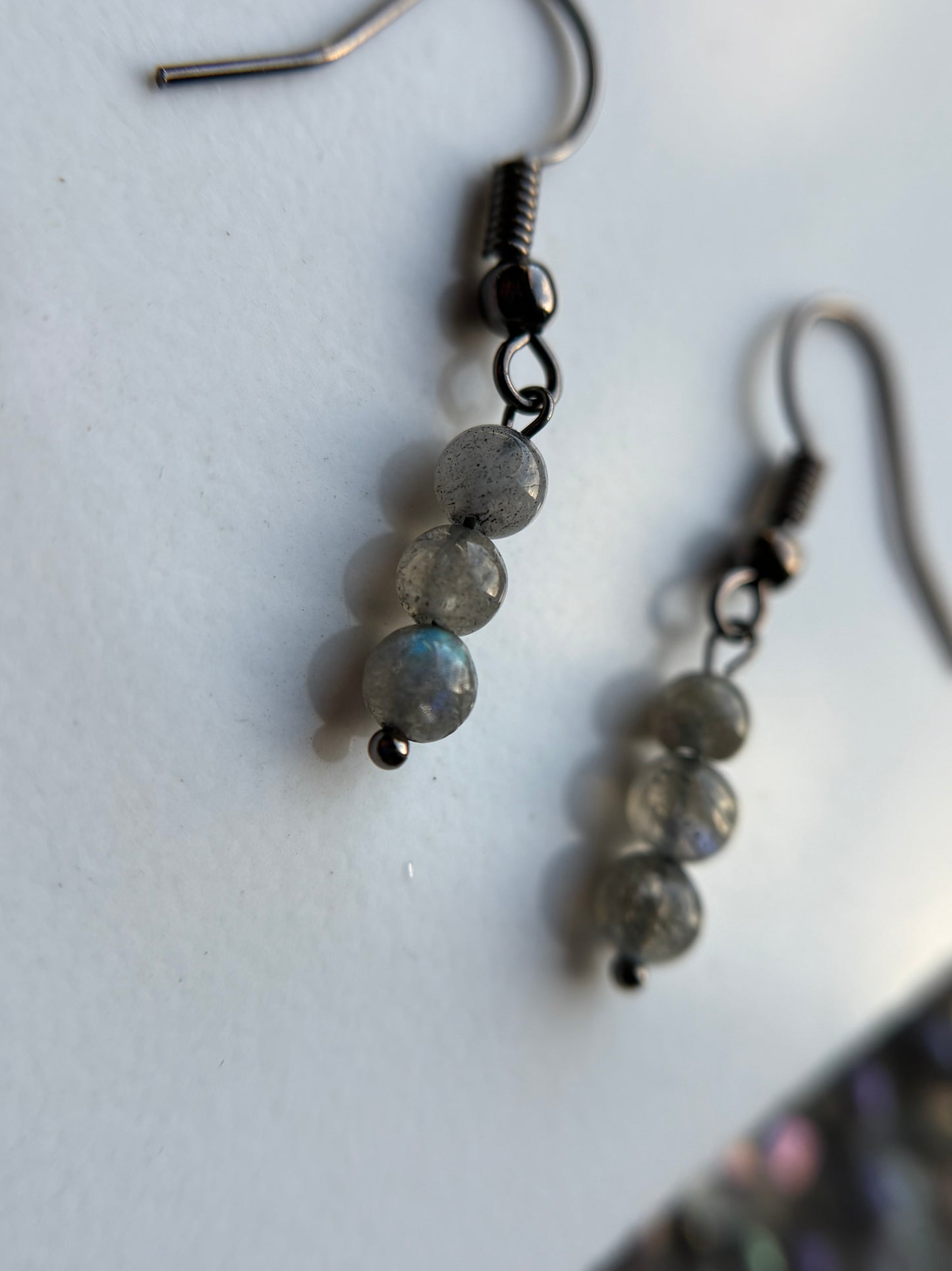 Labradorite Crystal Gemstone Black Metal Dainty Drop Earrings