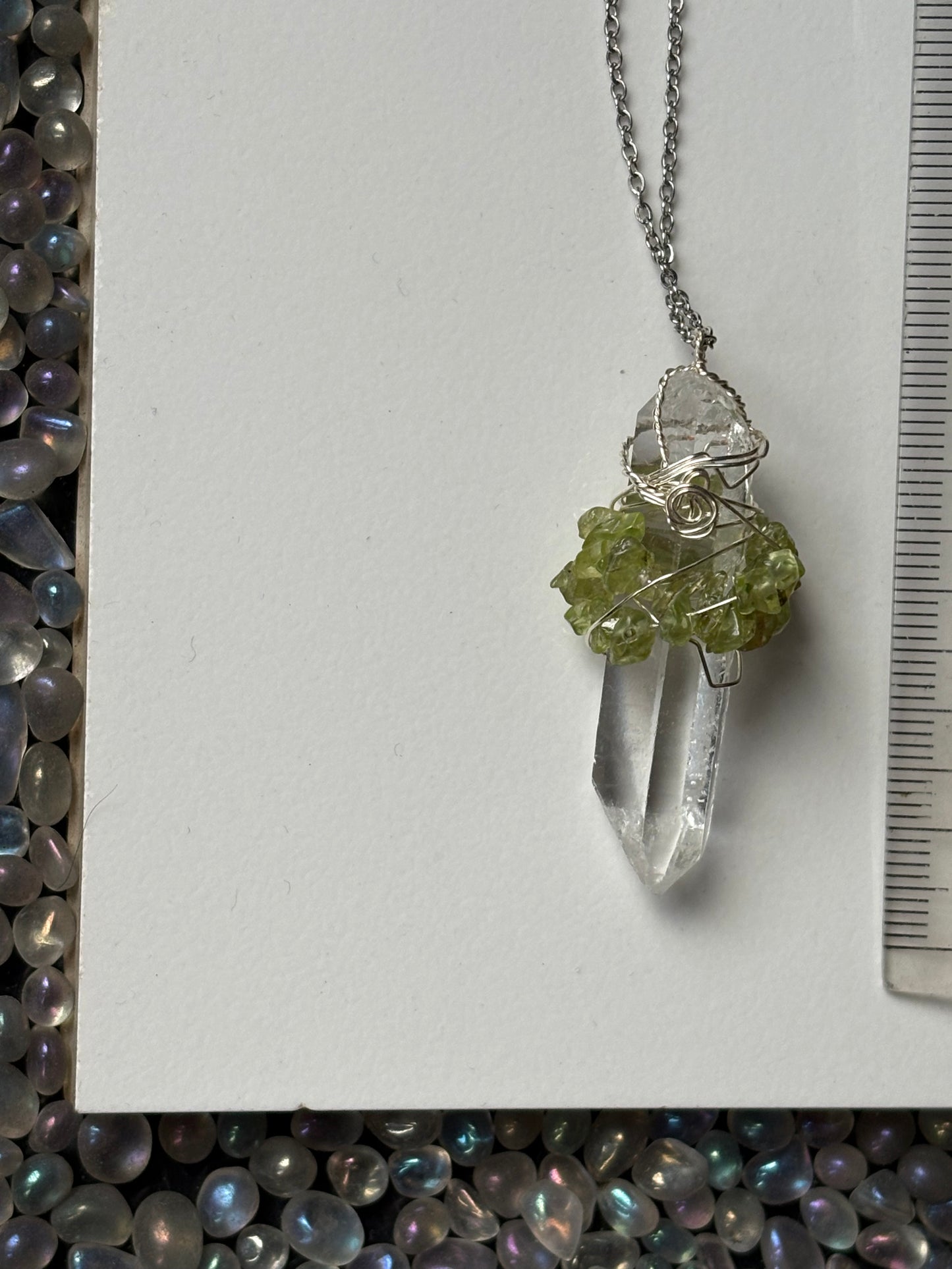 Lemurian Quartz & Peridot Crystal Gemstone Wire Wrap Necklace - Silver