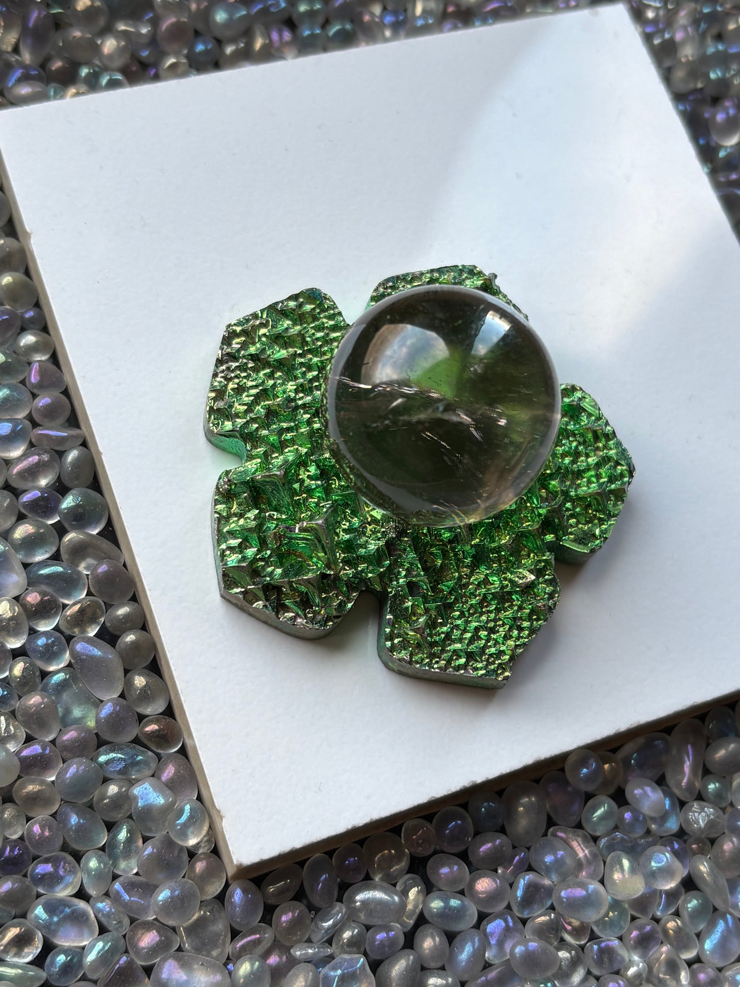 Green Bismuth Crystal Hippie Flower Slice Cut Out Sphere Holder
