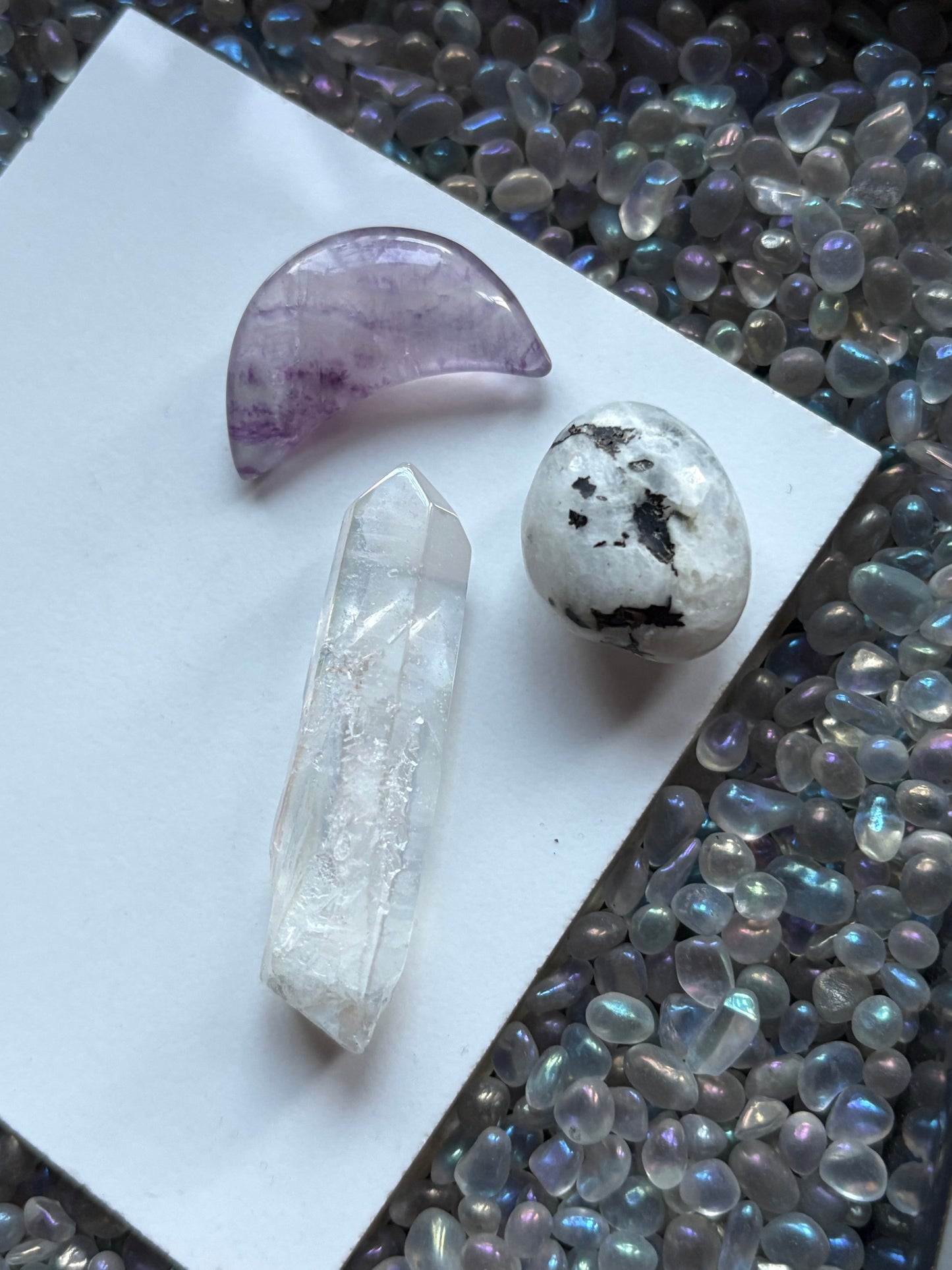 Fluorite Moon Aura Quartz & Rainbow Moonstone Crystal Gemstone Gift Pack - Moon Child (A)