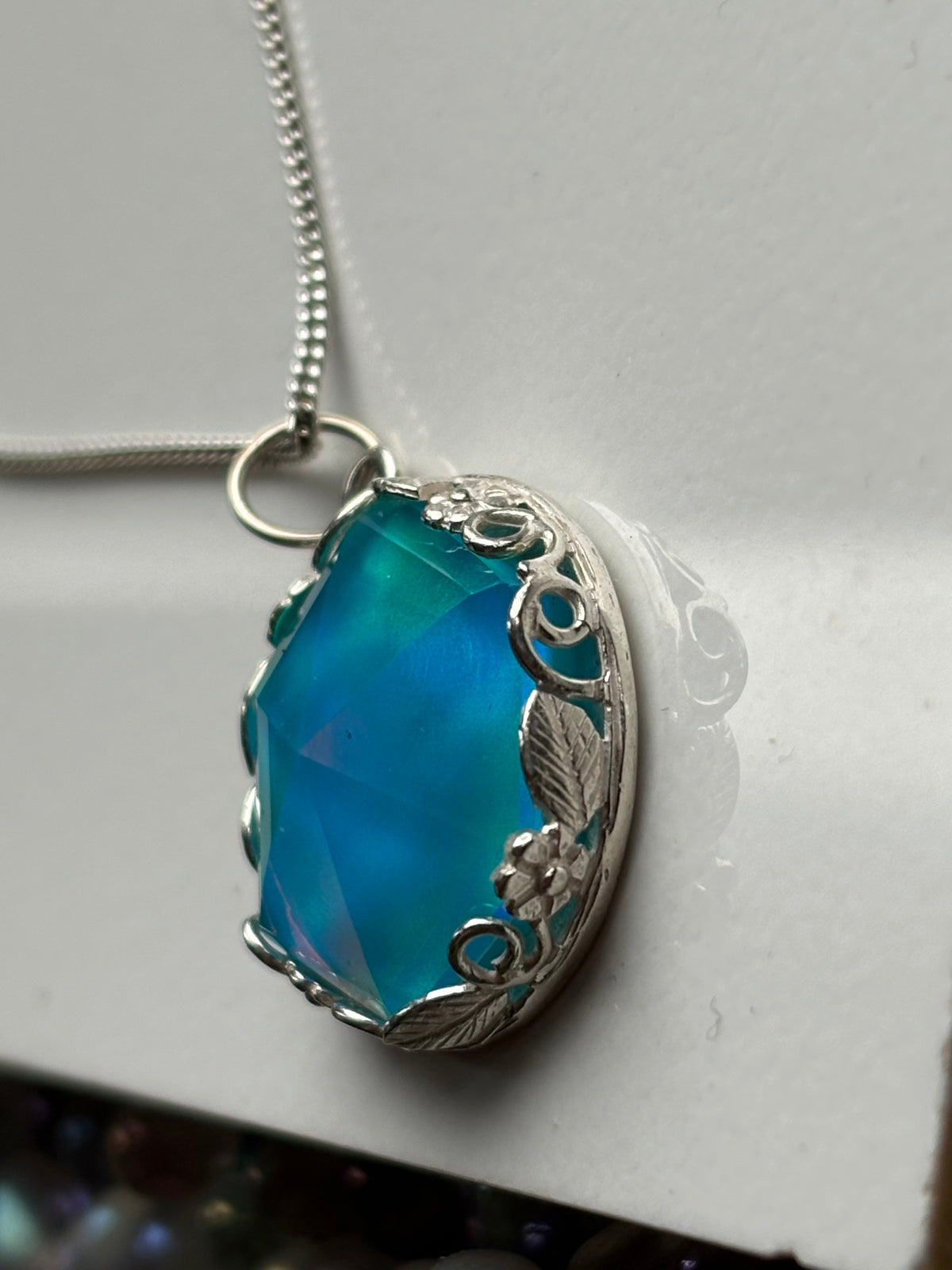 Aurora Opal Doublet Crystal Gemstone Hexagonal Leaf Bezel 925 Sterling Silver Necklace