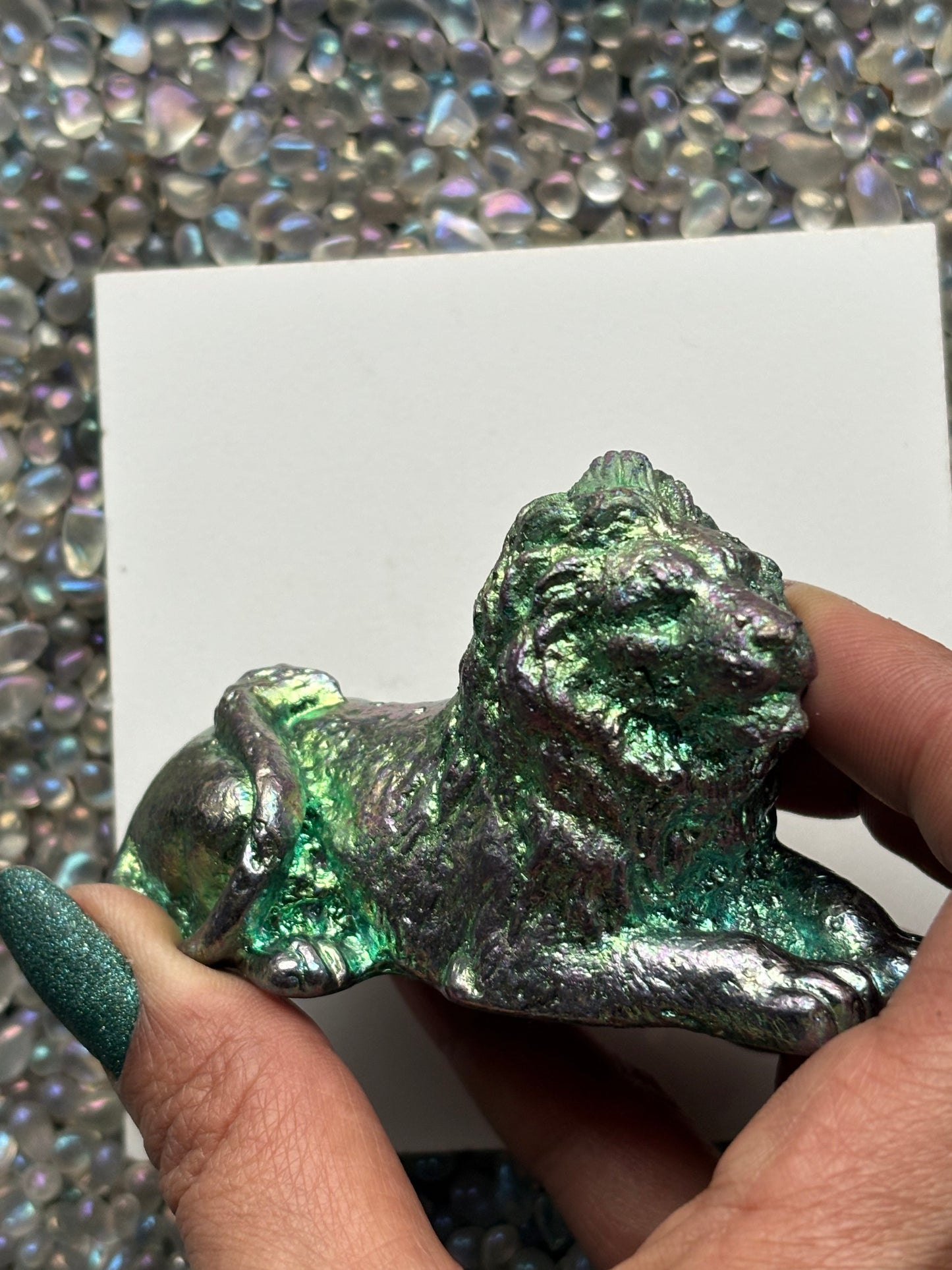 Teal Bismuth Crystal Lion Metal Art Sculpture