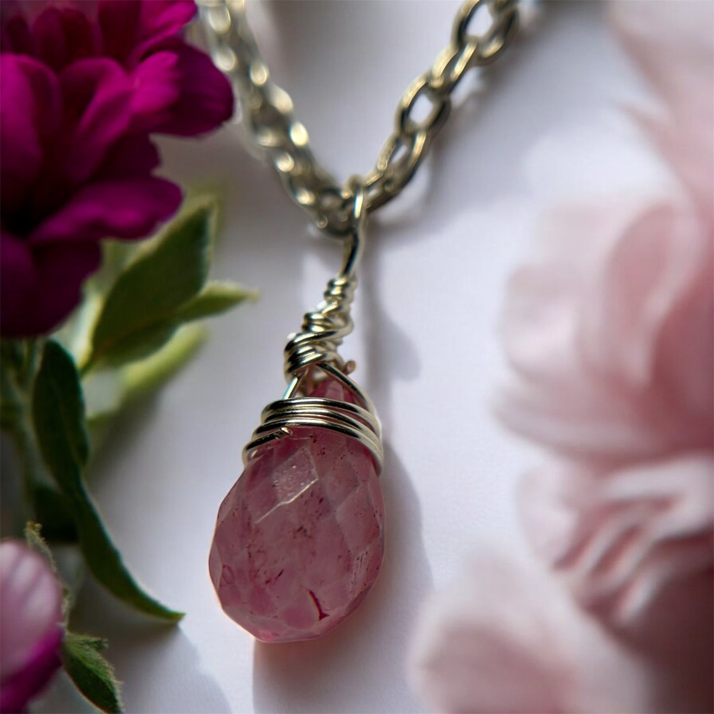 Pink Topaz Briolette Cut Drop Crystal Gemstone Silver Necklace (Certified) (1)