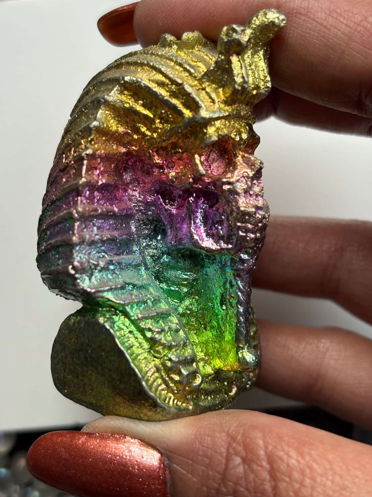 Rainbow Bismuth Crystal King Tutankhamen Skull Metal Art Sculpture