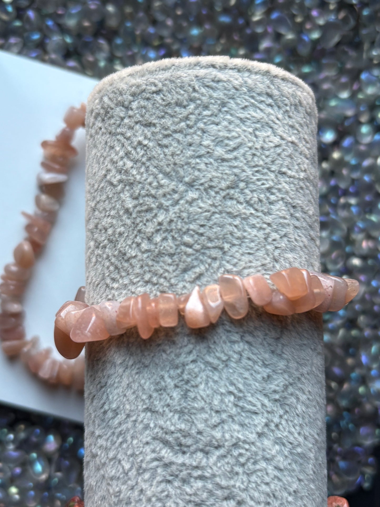 Peach Moonstone rough crystal gemstone plain stretch bracelet
