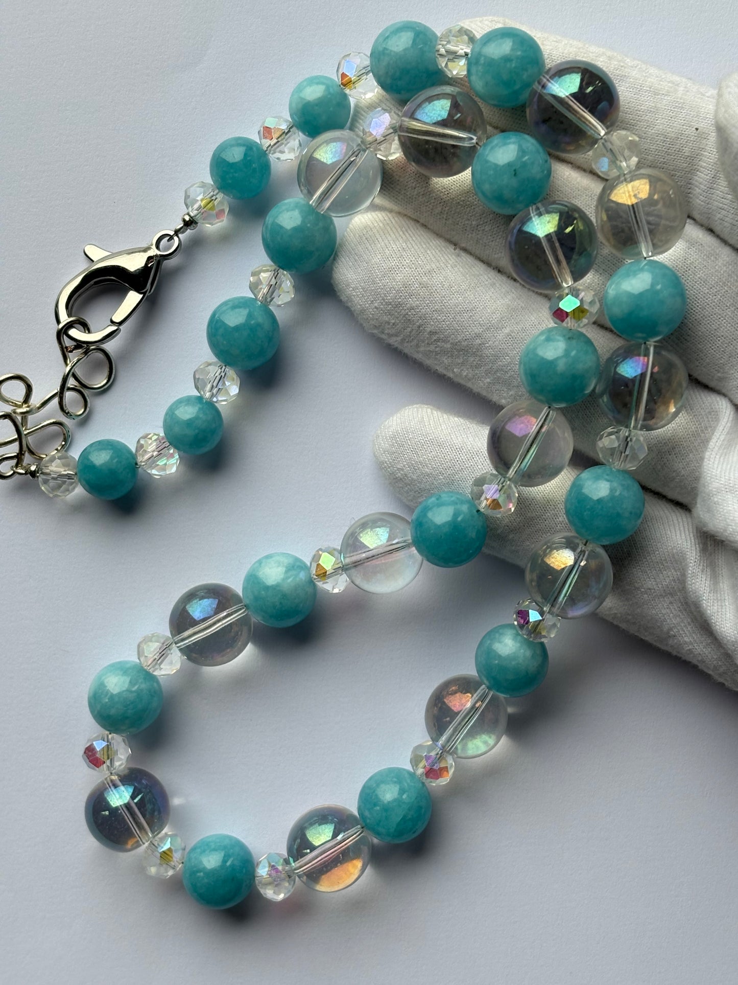 Blue Quartz Gemstone & Aura Coated Glass Crystal Beaded Silver Chunky Necklace