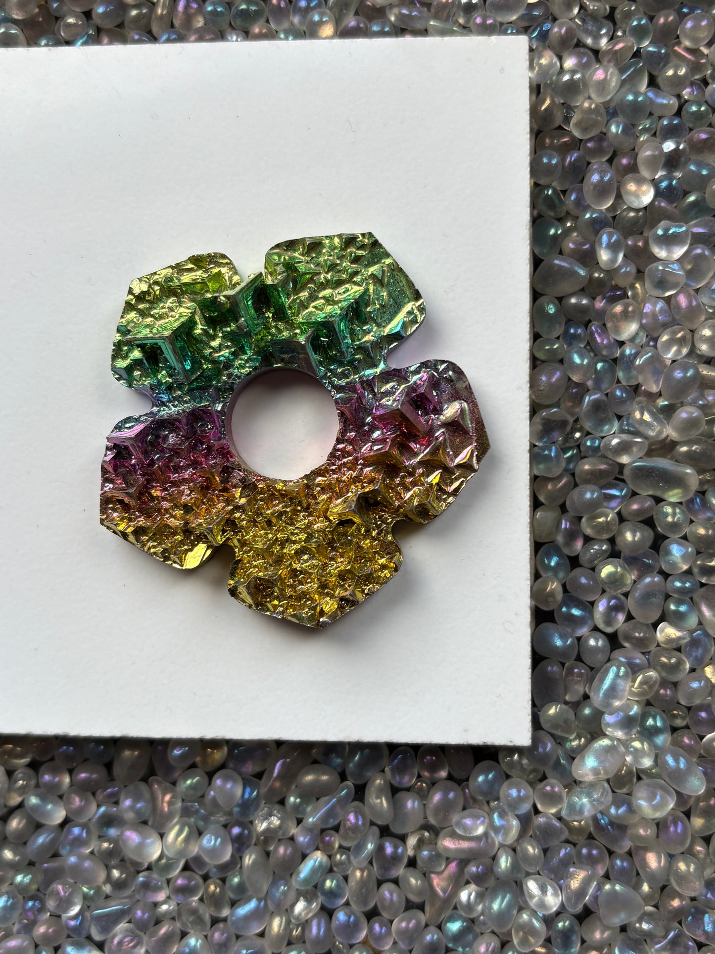 Rainbow Bismuth Crystal Hippie Flower Slice Cut Out Sphere Holder