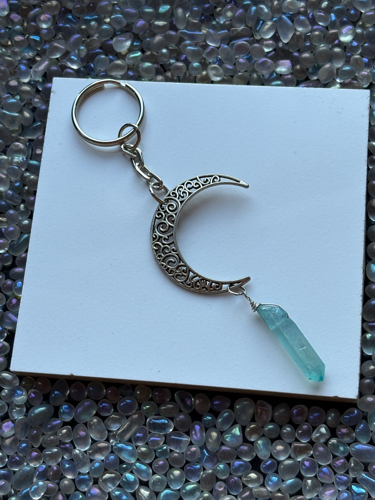 Crescent Moon & Blue Aura Quartz Crystal Gemstone KeyChain
