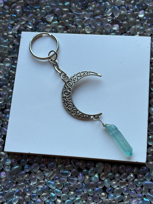 Crescent Moon & Blue Aura Quartz Crystal Gemstone KeyChain