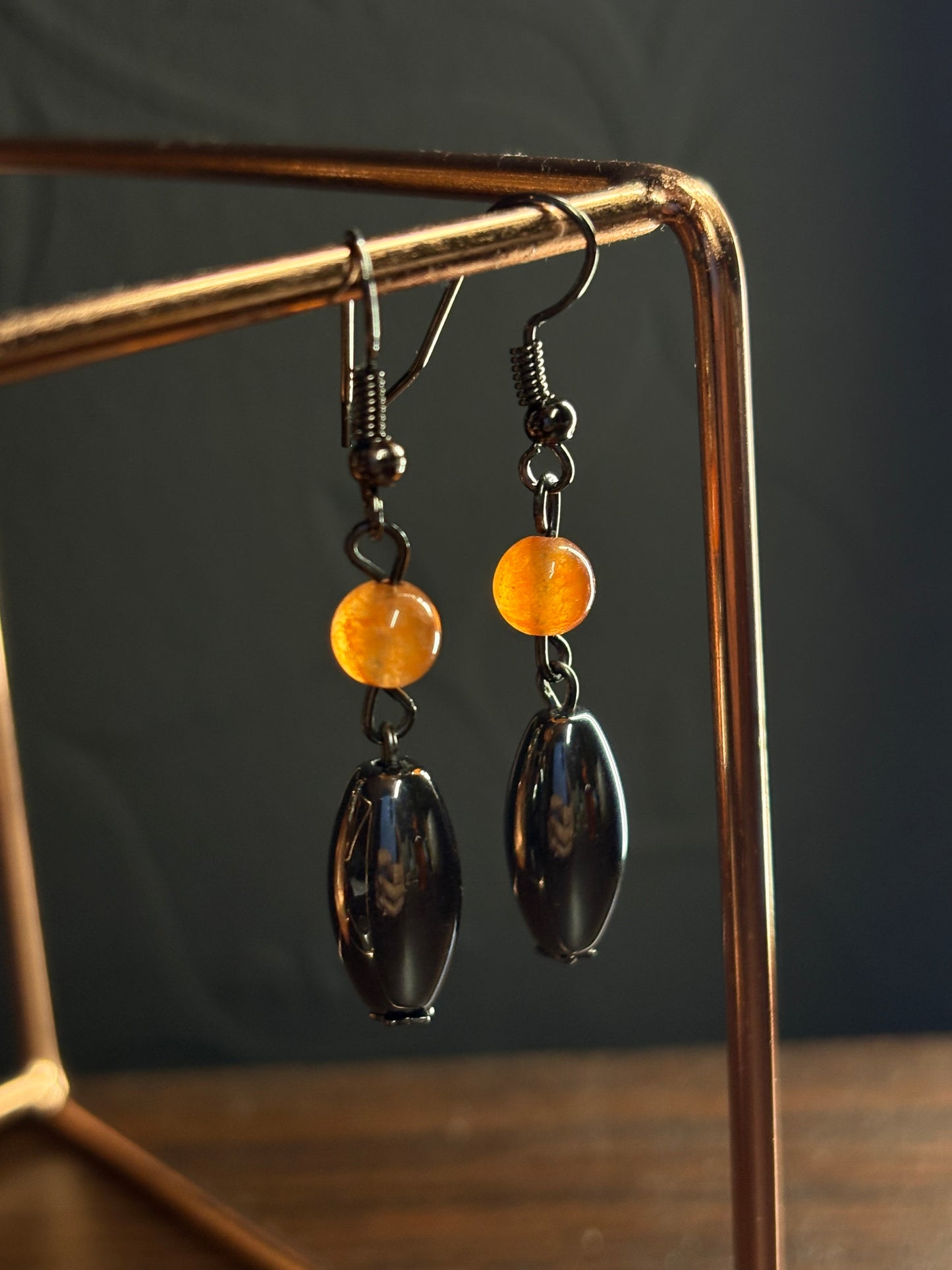 Orange Quartz & Hematite crystal gemstone earrings