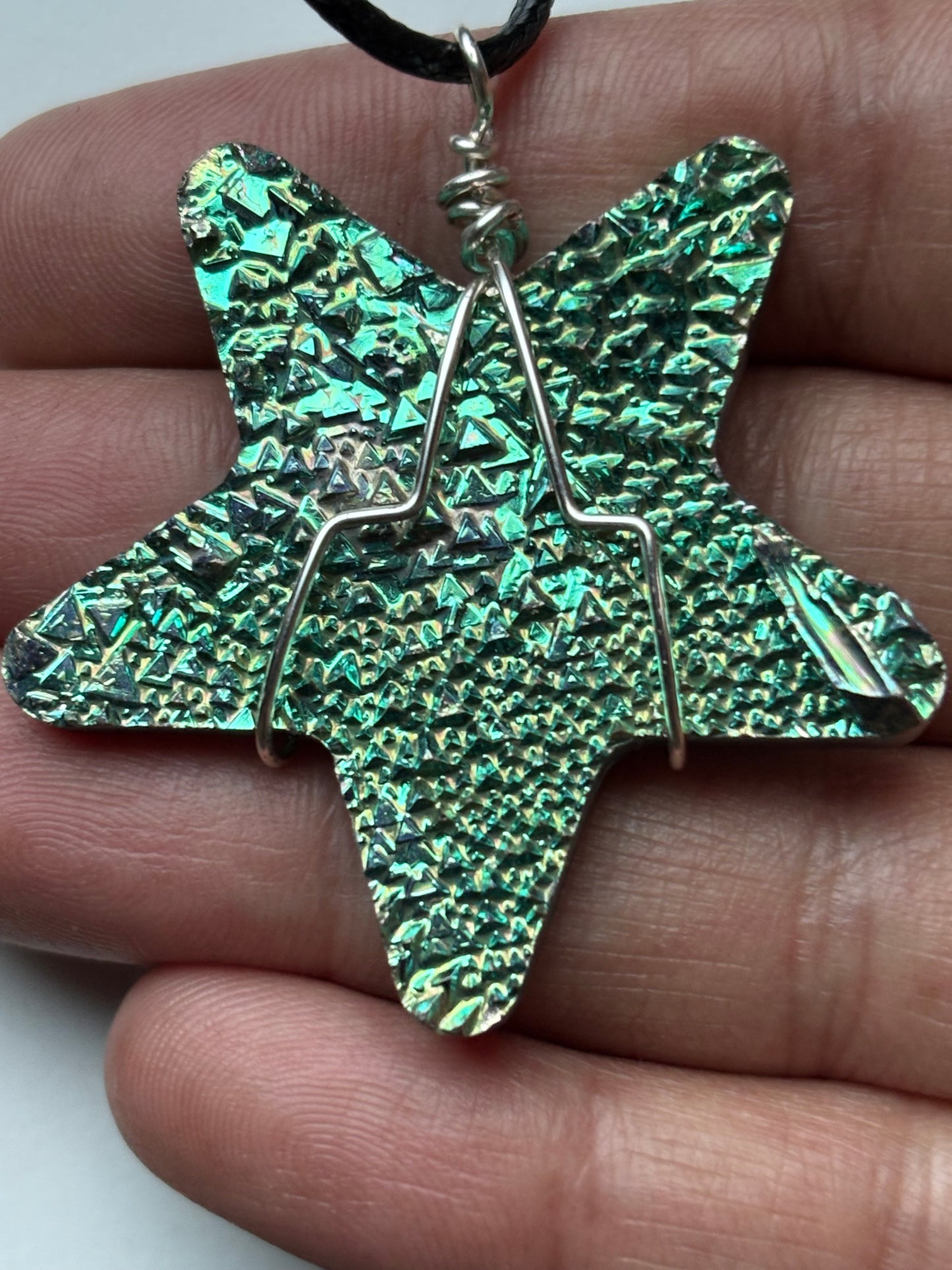 Teal Bismuth Crystal Star Cut Out Metal Art Cord Necklace