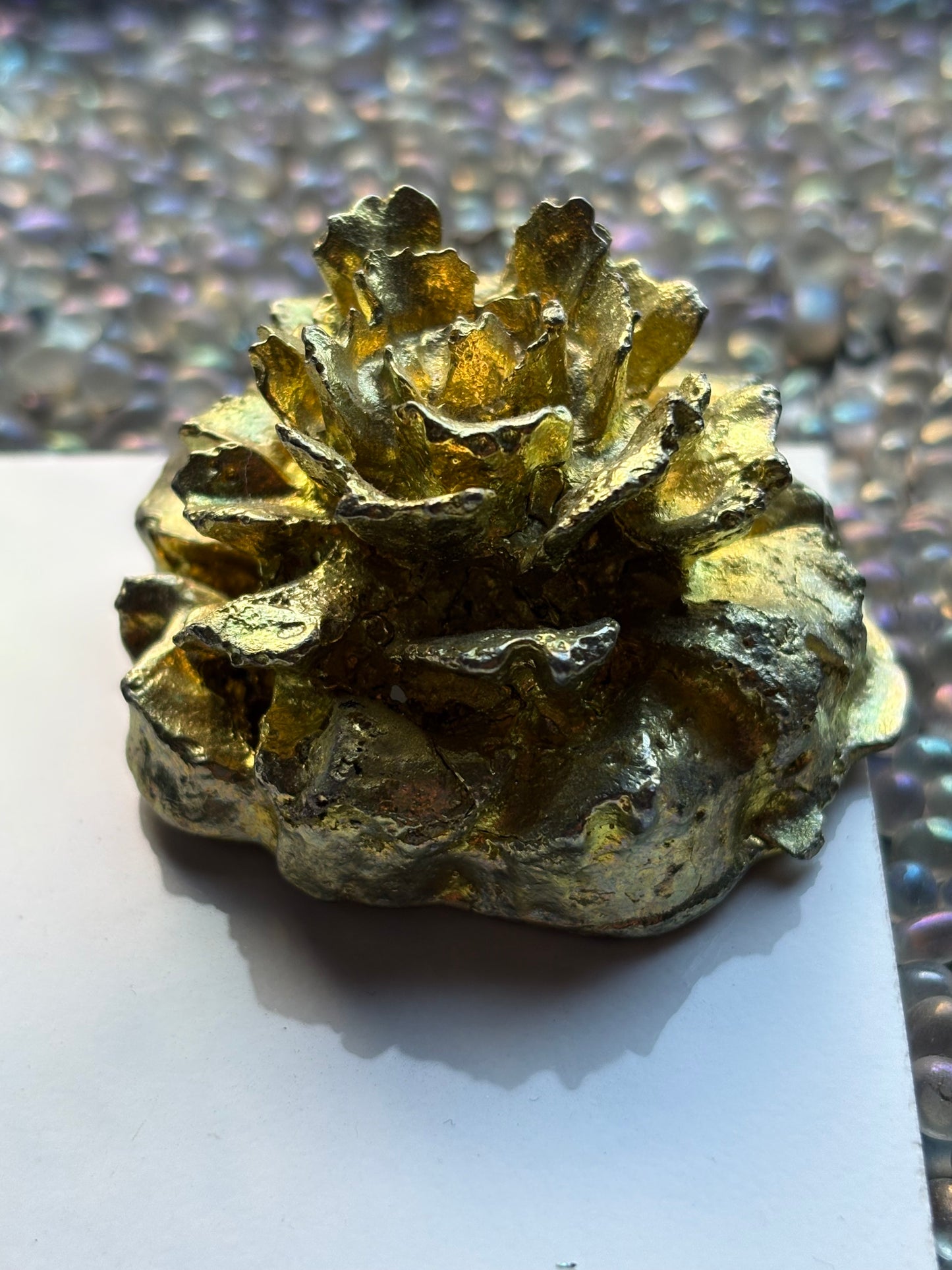 Gold Bismuth Crystal Rose Flower Metal Art Sculpture - Large