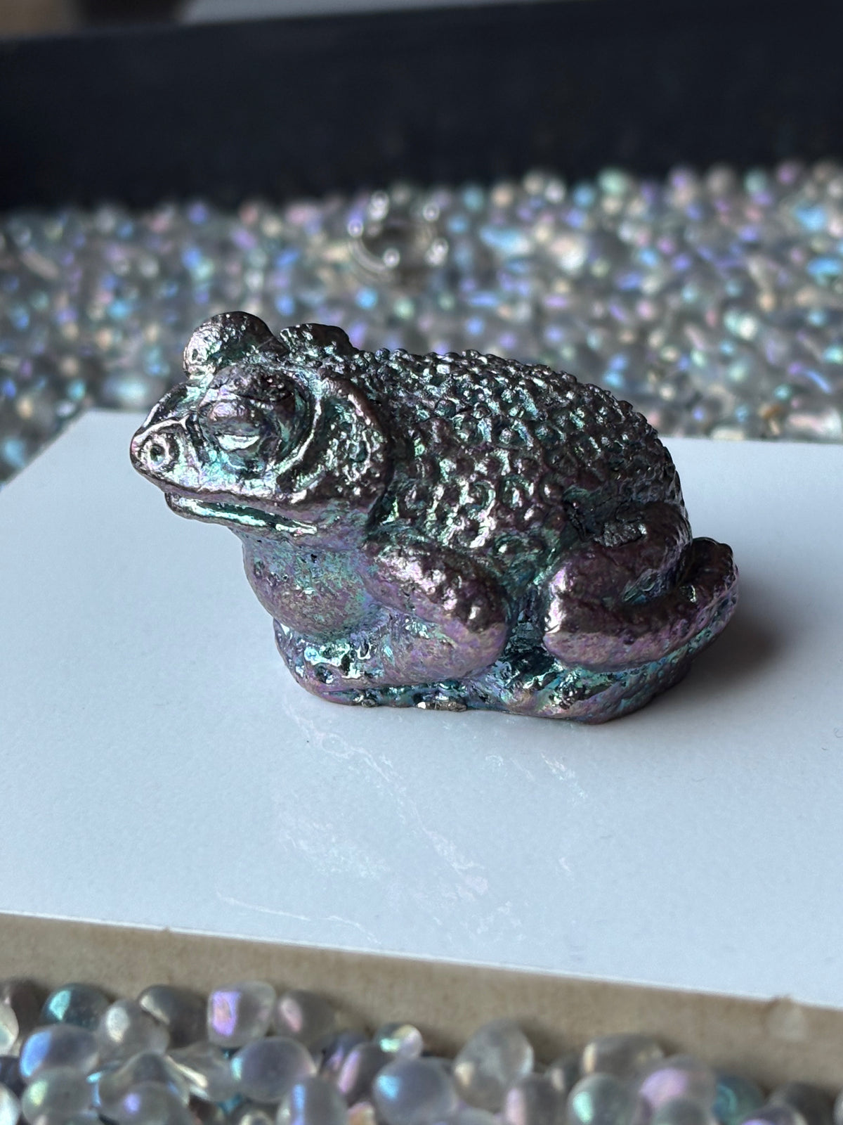 Purple Blue Bismuth Crystal Small Toad Metal Art Sculpture