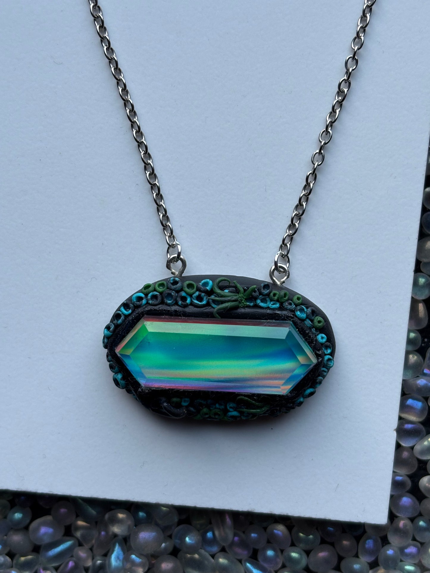Elongated Aurora Opal Doublet Crystal Gemstone - Dark Coral Necklace