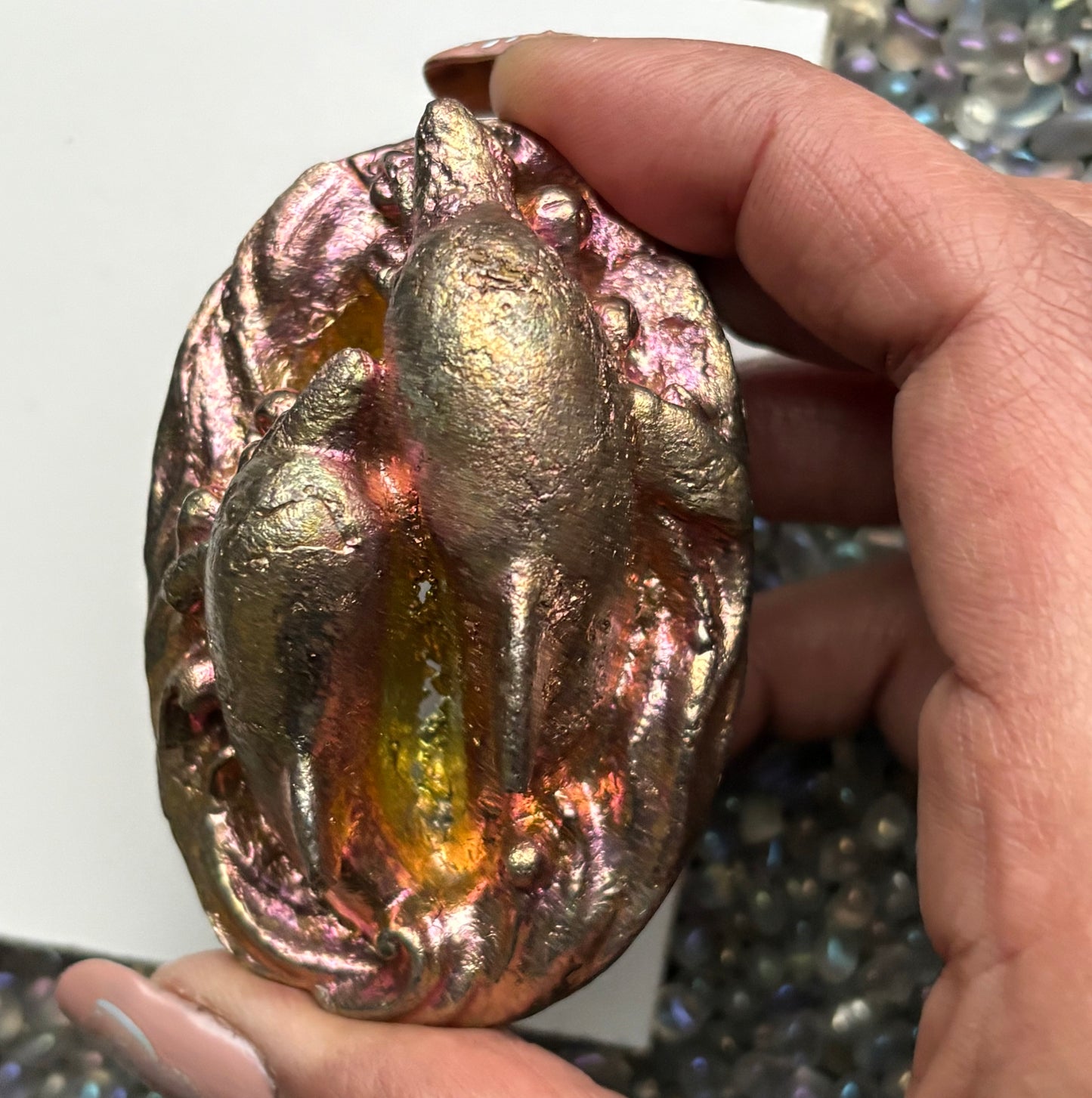 Gold Pink Bismuth Crystal Dolphin Pair Metal Art Sculpture